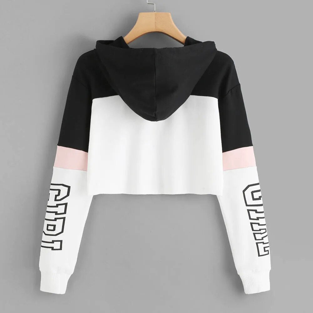 40# Women Letters Printing Hoodie Crop Top Long Sleeve Hoodie Sweatshirt Hooded Pullover Harajuku Blouse Teen Girls Sudaderas