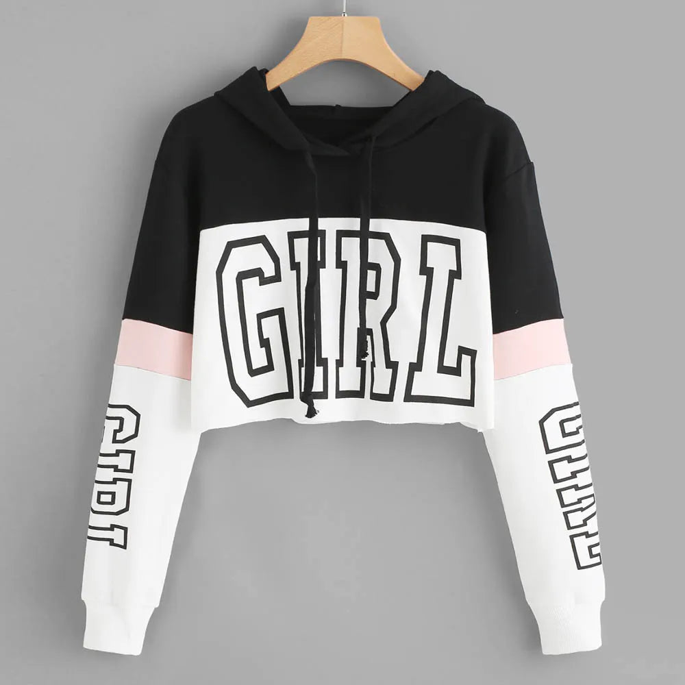 40# Women Letters Printing Hoodie Crop Top Long Sleeve Hoodie Sweatshirt Hooded Pullover Harajuku Blouse Teen Girls Sudaderas