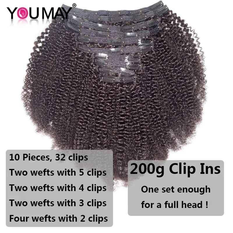 4B 4C Afro Kinky Curly Clip In Human Hair Extensions 100% Mongolian Virgin Hair Human Natural Black Clip Ins Afro Bundle YouMay