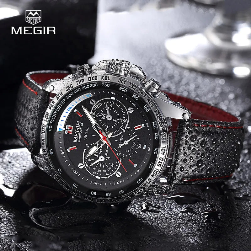 MEGIR hot fashion man's quartz wristwatch brand waterproof leather watches for men casual black watch for male 1010