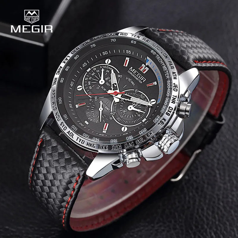 MEGIR hot fashion man's quartz wristwatch brand waterproof leather watches for men casual black watch for male 1010