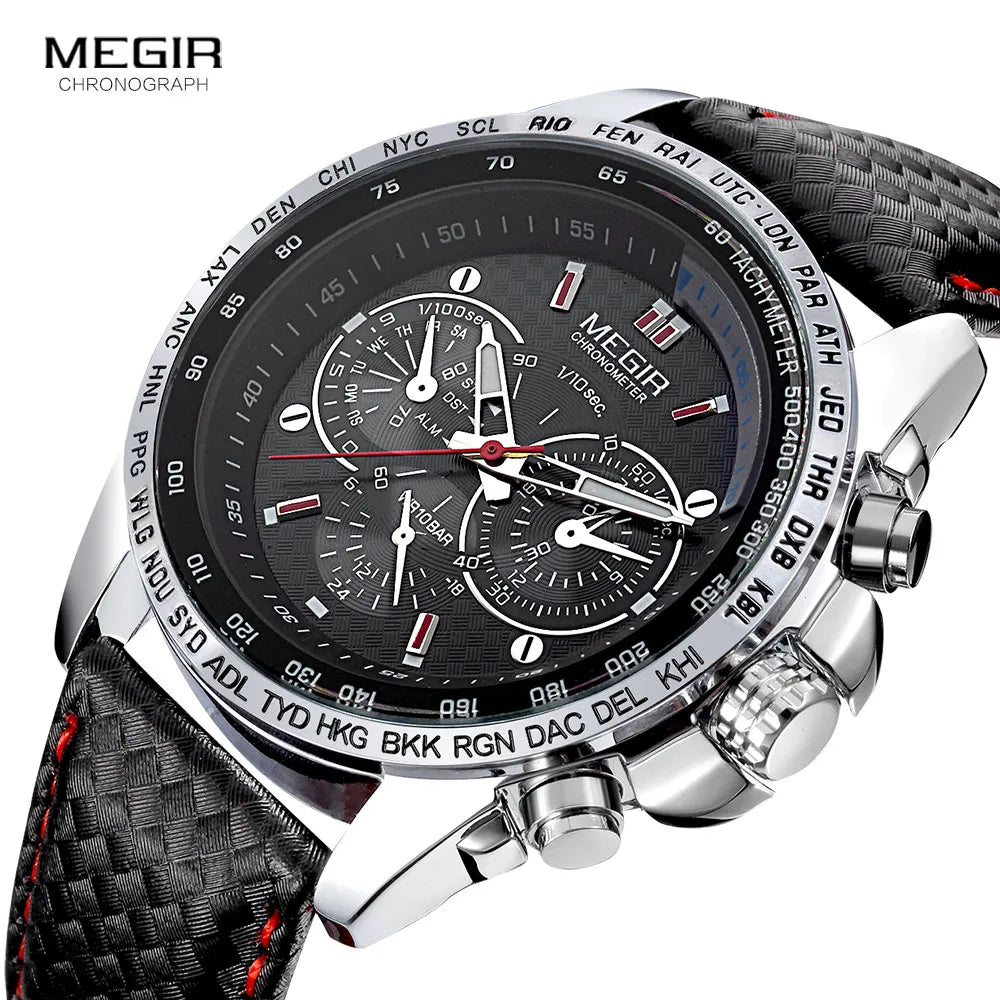 MEGIR hot fashion man's quartz wristwatch brand waterproof leather watches for men casual black watch for male 1010